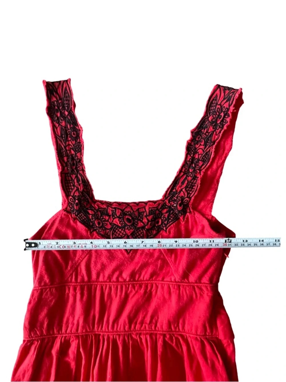 Free People Red and Black Lace Trim Boho Cotton Mini Dress Size 0 - Picture 15 of 16